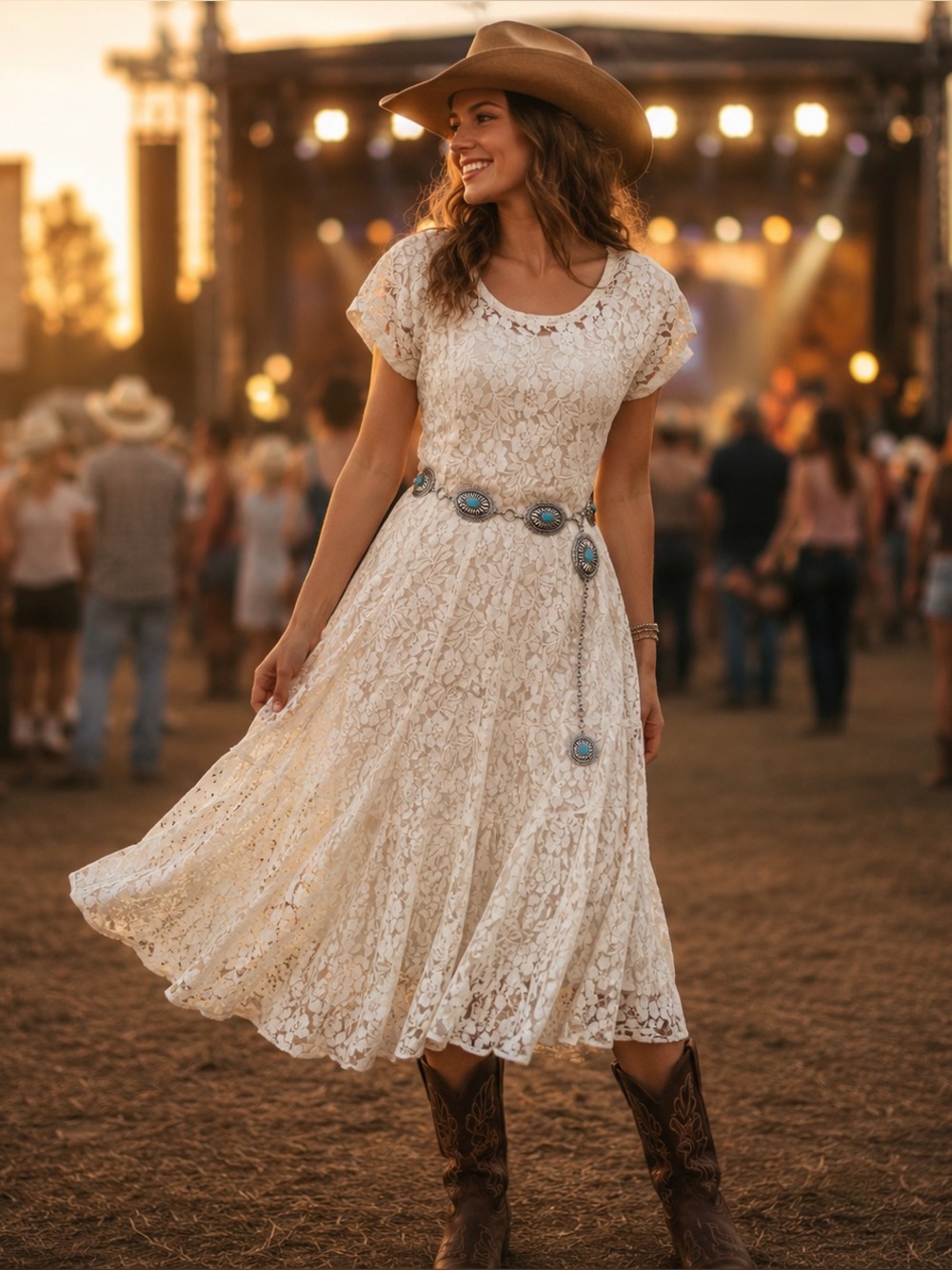 VTG Nostalgia Cream Lace Midi Desert Chic Prairie Boho Western Concert Dress M